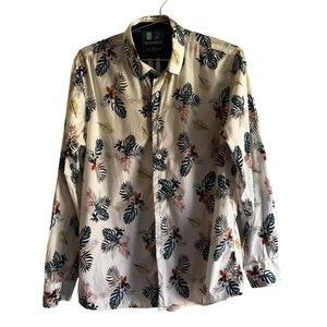 Barabas Shirt Mens Medium White with Leaf Pattern Button Down Long Sleeve
